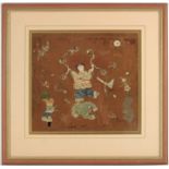 A Chinese embroidered silk panel, depicting a figure skipping on a three legged frog, surrounded by