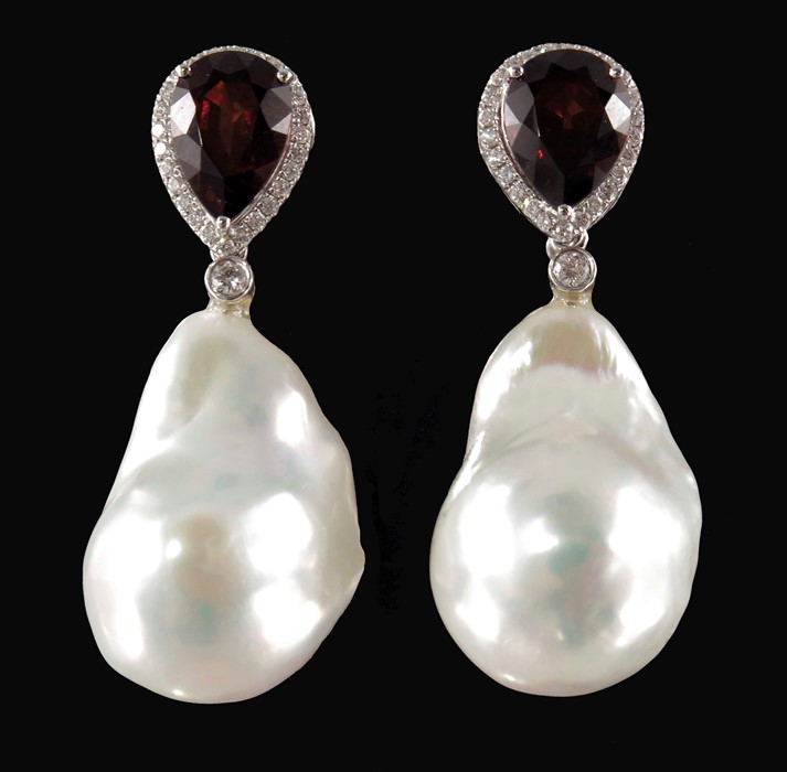 A pair of 18ct gold garnet, diamond and baroque pearl cluster drop earrings
