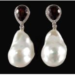 A pair of 18ct gold garnet, diamond and baroque pearl cluster drop earrings