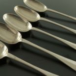 A set of five George II Scottish provincial silver tablespoons, John Steven, Dundee circa 1750, Hano