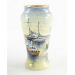 Moorcroft enamel miniature trial vase, painted with moored boats