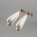 A pair of 18ct gold white agate and brown diamond drop earrings