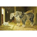Donna Crawshaw (b.1960), Shire Horses and Terrier, oil on canvas