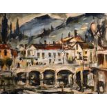 Terry McGlynn (1903-1973), Bridge and Town Landscape, oil on paper, signed, 38cm x 50cm, framed