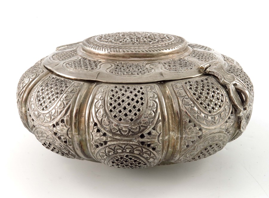 An Indian white metal reticulated incense box