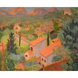 Olwen Tarrant FROI (b.1927), Houses on Calvario, oil on canvas, signed, 52cm x 63cm, framed