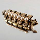 A late Victorian gold, diamond, split pearl and enamel mourning brooch