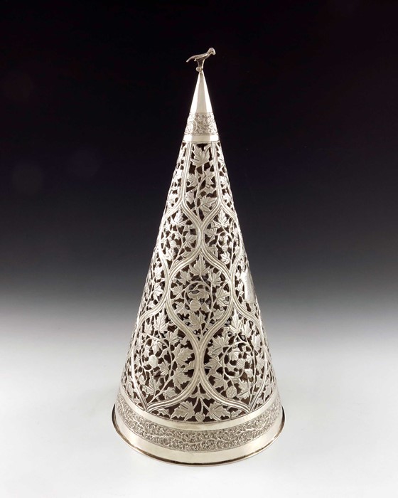 A large Chinese export silver reticulated cone or incense burner