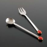 A Modernist silver, gilt and coral spoon and fork