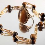 A suite of 9ct gold tiger's eye jewellery