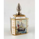 Stefan Nowacki for Lynton Porcelain, a silver mounted square scent bottle, recto panel with sailing