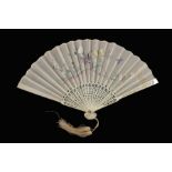 A circa 1840’s or later Chinese fan, Qing Dynasty, the bone monture carved and lightly pierced, the