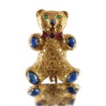 An 18ct gold yellow diamond, sapphire, ruby and emerald teddy bear brooch