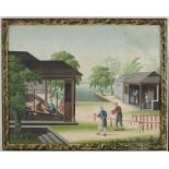 China, a mid 19th century Chinese export watercolour of silk weavers using looming machines