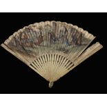 λ Two 18th century fans, Bacchus and Ariadne: A fine and early 18th century ivory fan with intricate