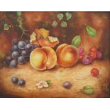 M Morris, Still Life with Fruit, oil on board, signed, after his work for Royal Worcester porcelain,