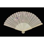 λ A 19th century Chinese ivory fan, the monture plain, save for deeply carved ovals to the guard tip