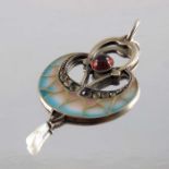 An early 20th century Jugendstil silver, plique-a-jour enamel, garnet, pearl and paste pendant