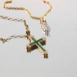 Two 9ct gold diamond and emerald pendants, with chains