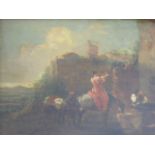 18th century Italian School, a figural study with horses surrounded by buildings, oil on panel, H.