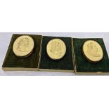 Three 19th century resin cameos of Roman Emperors, mounted on wooden and velvet plaques. 9cm x 7.