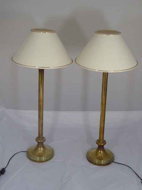 A pair of brass table lamps with cream colour shades, - Image 2 of 2