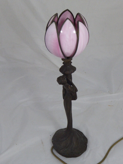 Art Nouveau style lamp with pink glass shade H.48cm