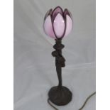 Art Nouveau style lamp with pink glass shade H.48cm