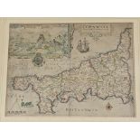 Christopher Saxton & William Kip map of Cornwall, OLIM PARS DANMONIORUM, coloured engraving, circa