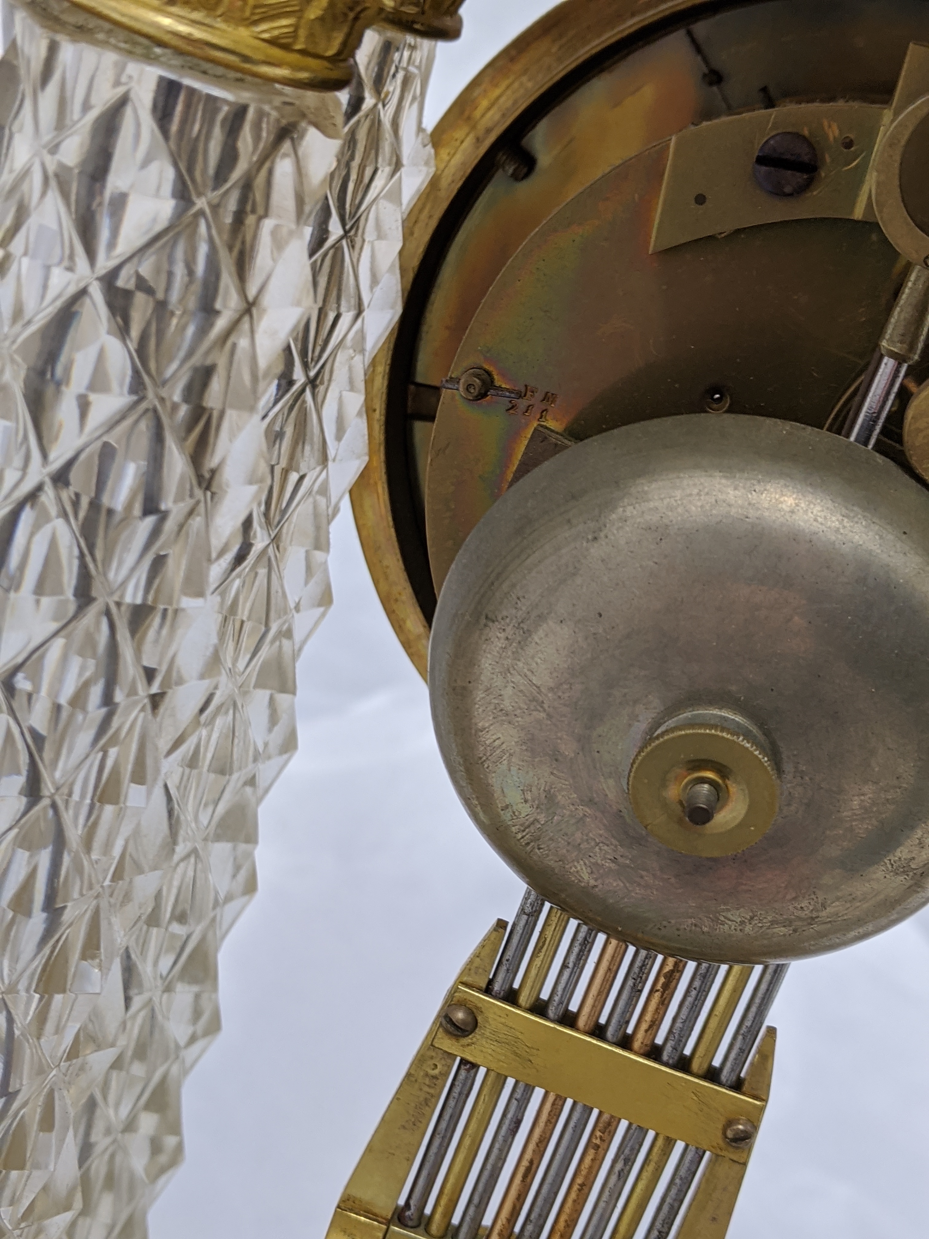 A French Empire Portico clock,four crystal column supports mounted with ormolu Corinthians with - Image 7 of 9