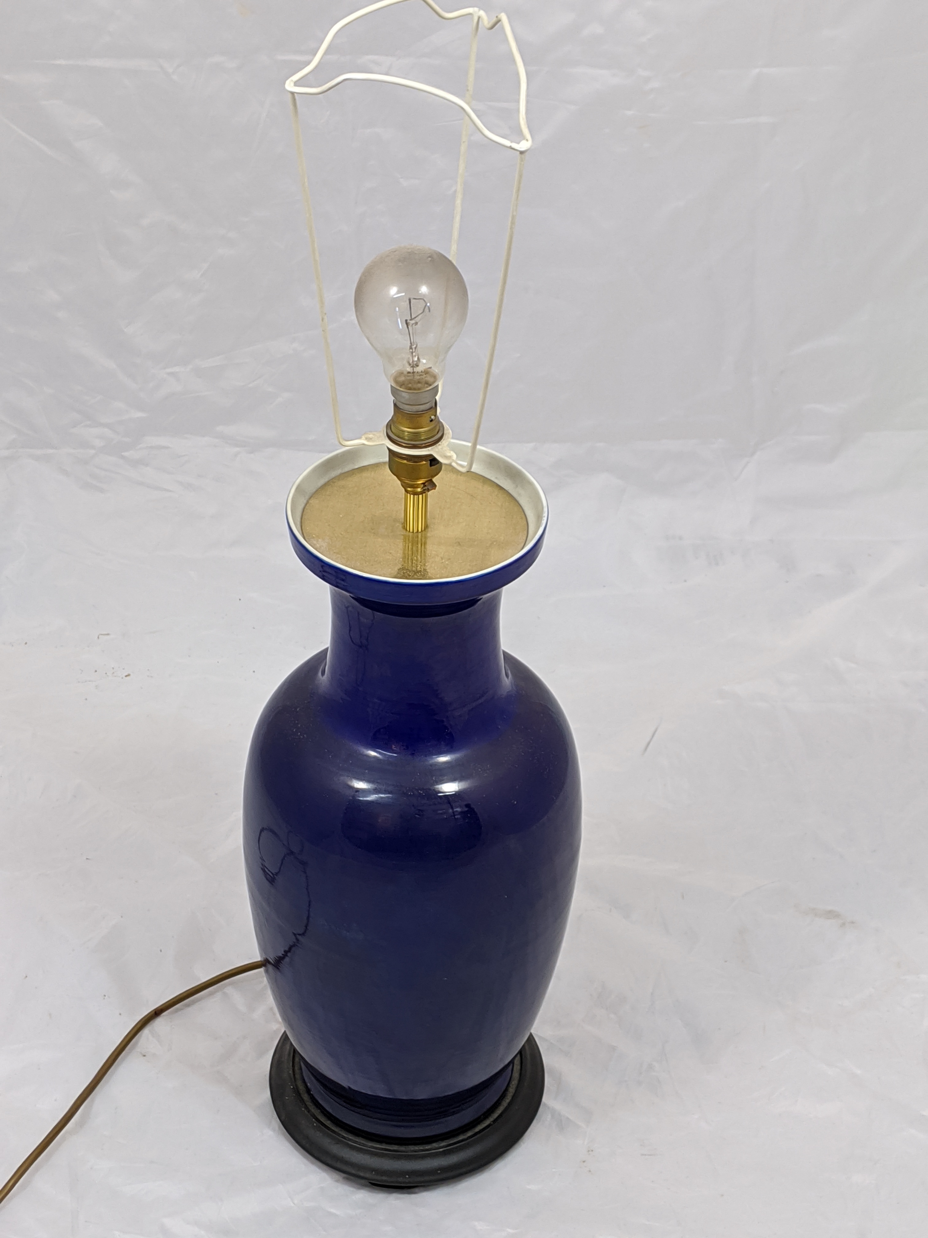 A Chinese style blue ground vase converted to a lamp, raised on hard base