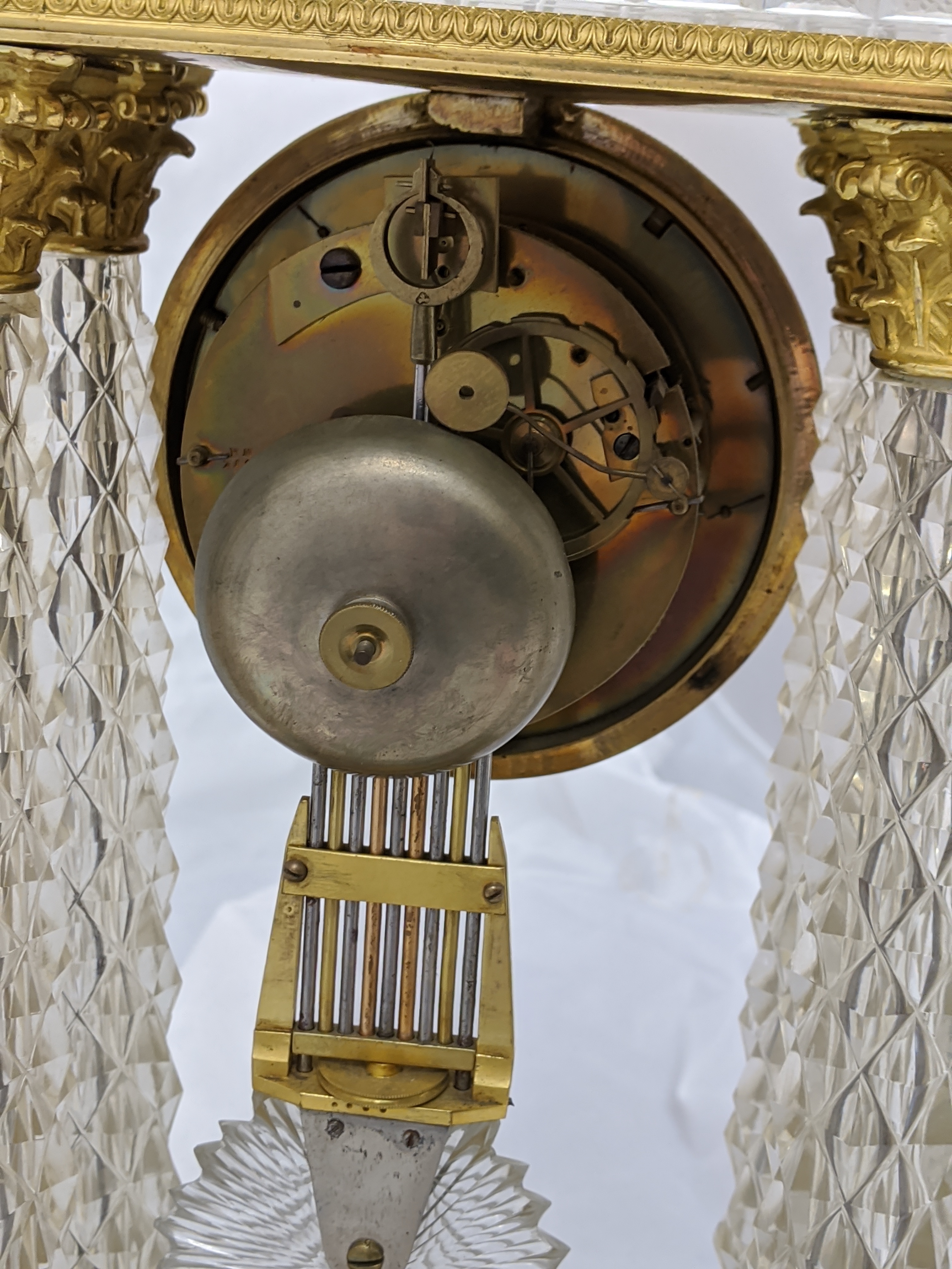 A French Empire Portico clock,four crystal column supports mounted with ormolu Corinthians with - Image 8 of 9