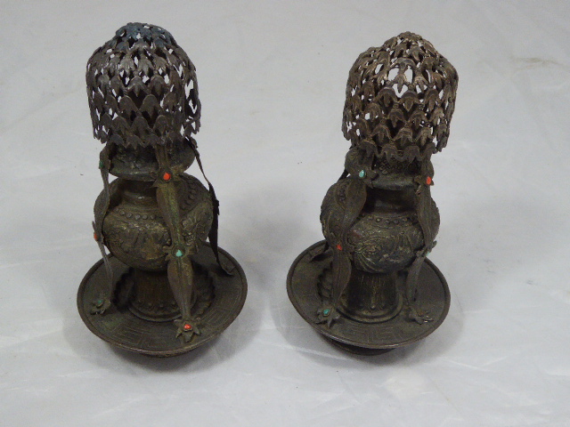 Pair of Copper Incense Burners inset with Coral and Turquoise, probably Mongolia, 19th century