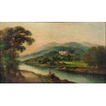 19th century British School , Scottish Highland Scene, with a castle, oil on canvas H 60 cm W 96 cm