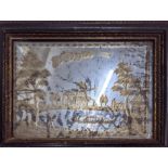 Georgian Mirror, framed, etched with a Chinese River scene H 18.5 cm W 21.5