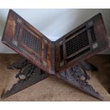 A Middle Eastern prayer book stand, fretwork panels and inlaid with mother of pearl