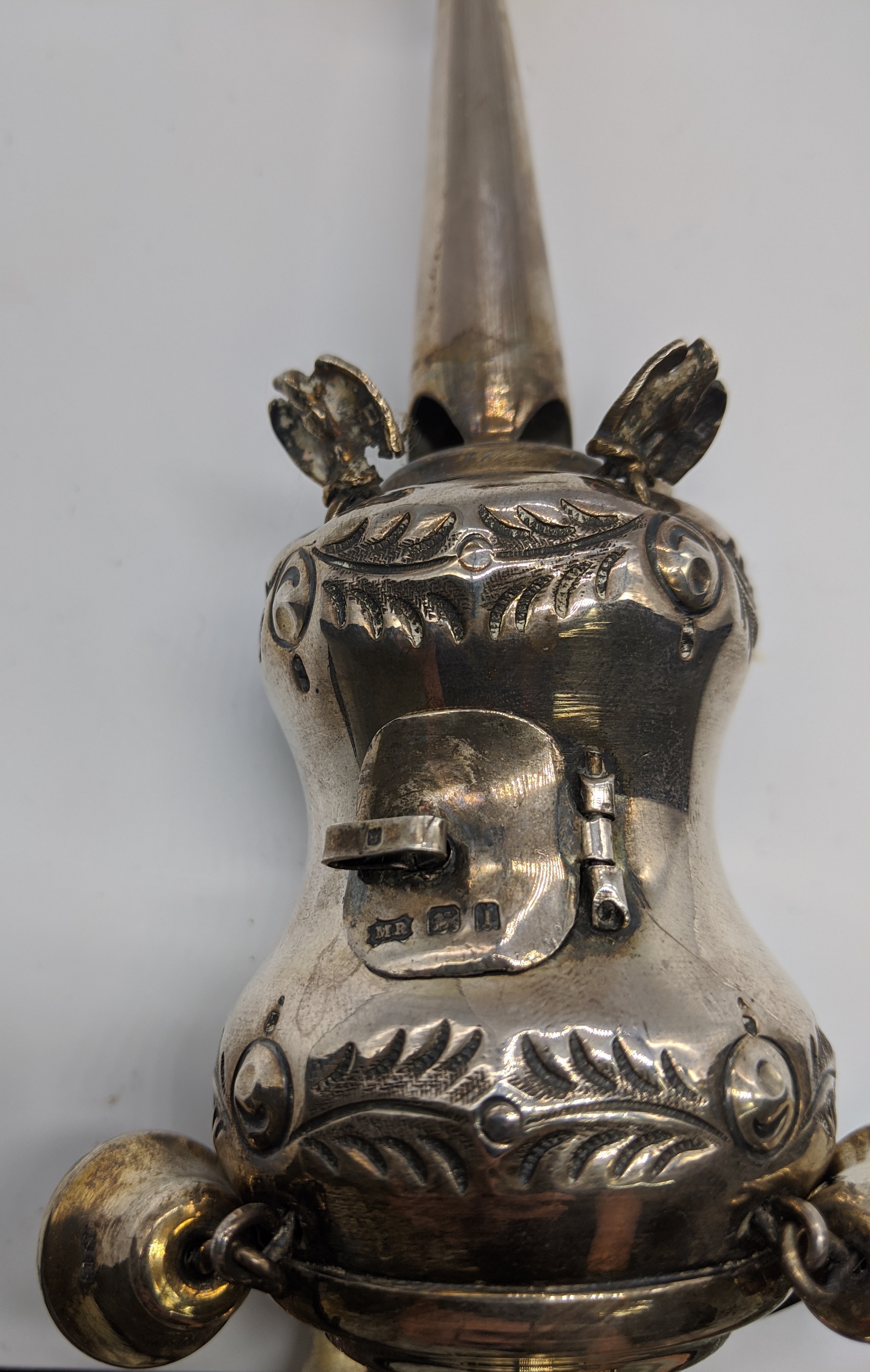 A silver Havdalah spice tower, hallmarked to bells, base and door, London 1906, maker Mosche - Image 5 of 5