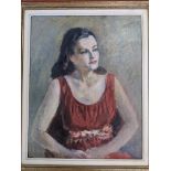 K.R. Lennox Jeltes -Girl in Red-, Oil on Board, H 49 cm W 38 cm ARR