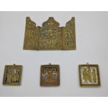 Four bronze and enamel Russian Icons to include one triptych of the life of the Theotokos H.11cm