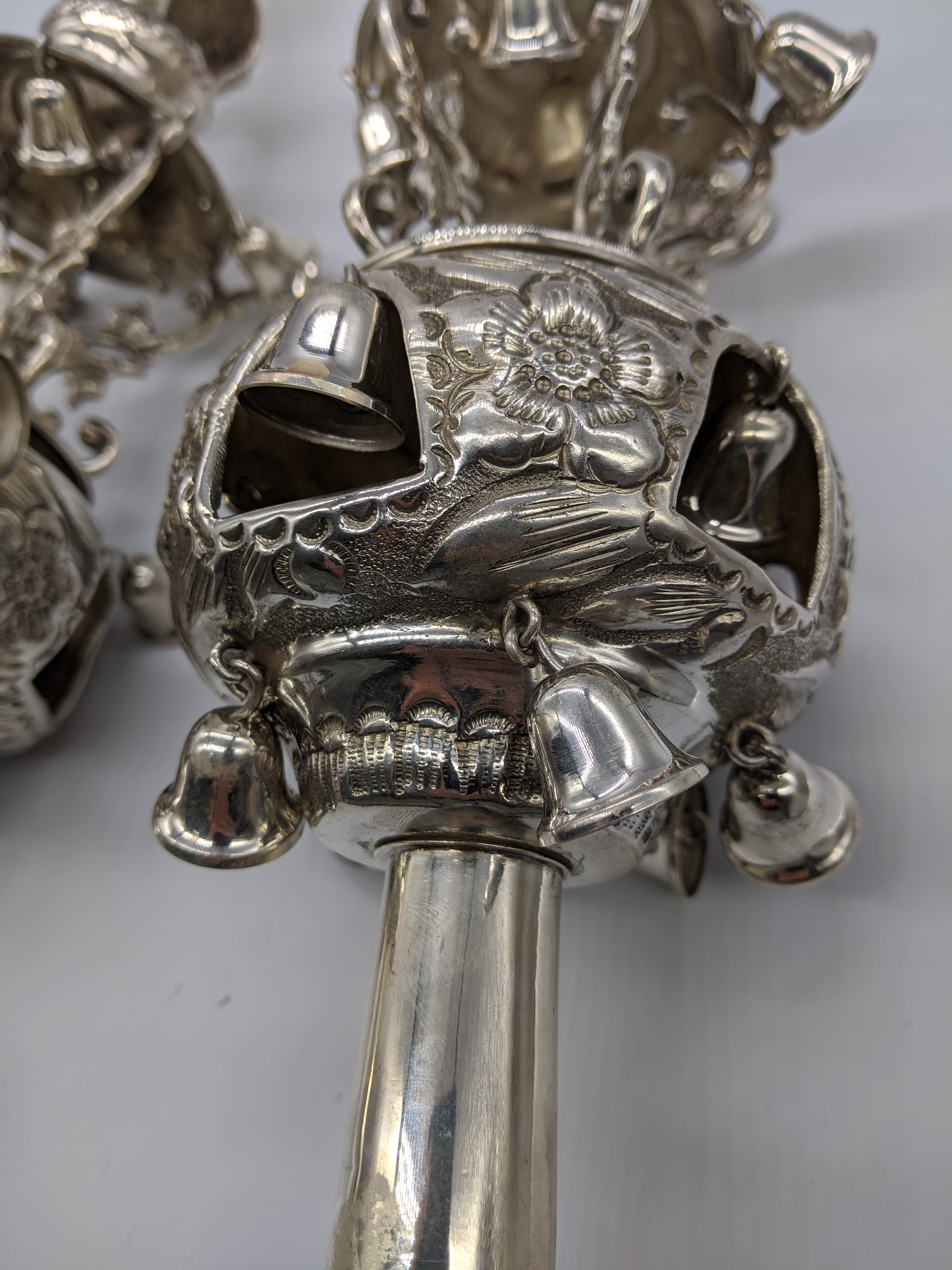 A pair of silver Rimonim (Torah bells), hallmarked London, 1080g, Judaica interest, L.38cm - Image 6 of 6