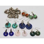 Seven sets of silver mounted earrings to include Jade, Indian turquoise, Lapis Lazuli, Rose Quartz