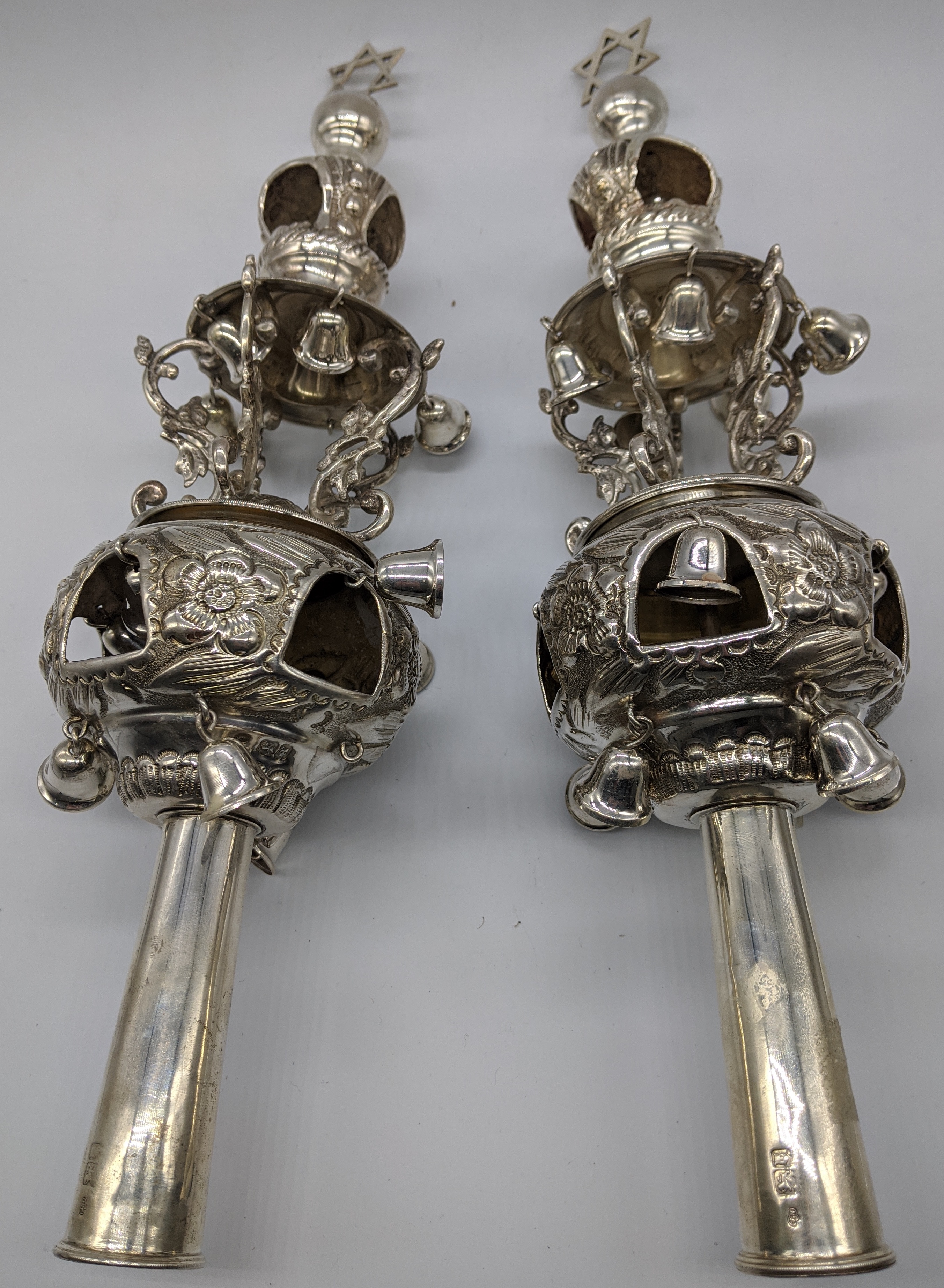 A pair of silver Rimonim (Torah bells), hallmarked London, 1080g, Judaica interest, L.38cm