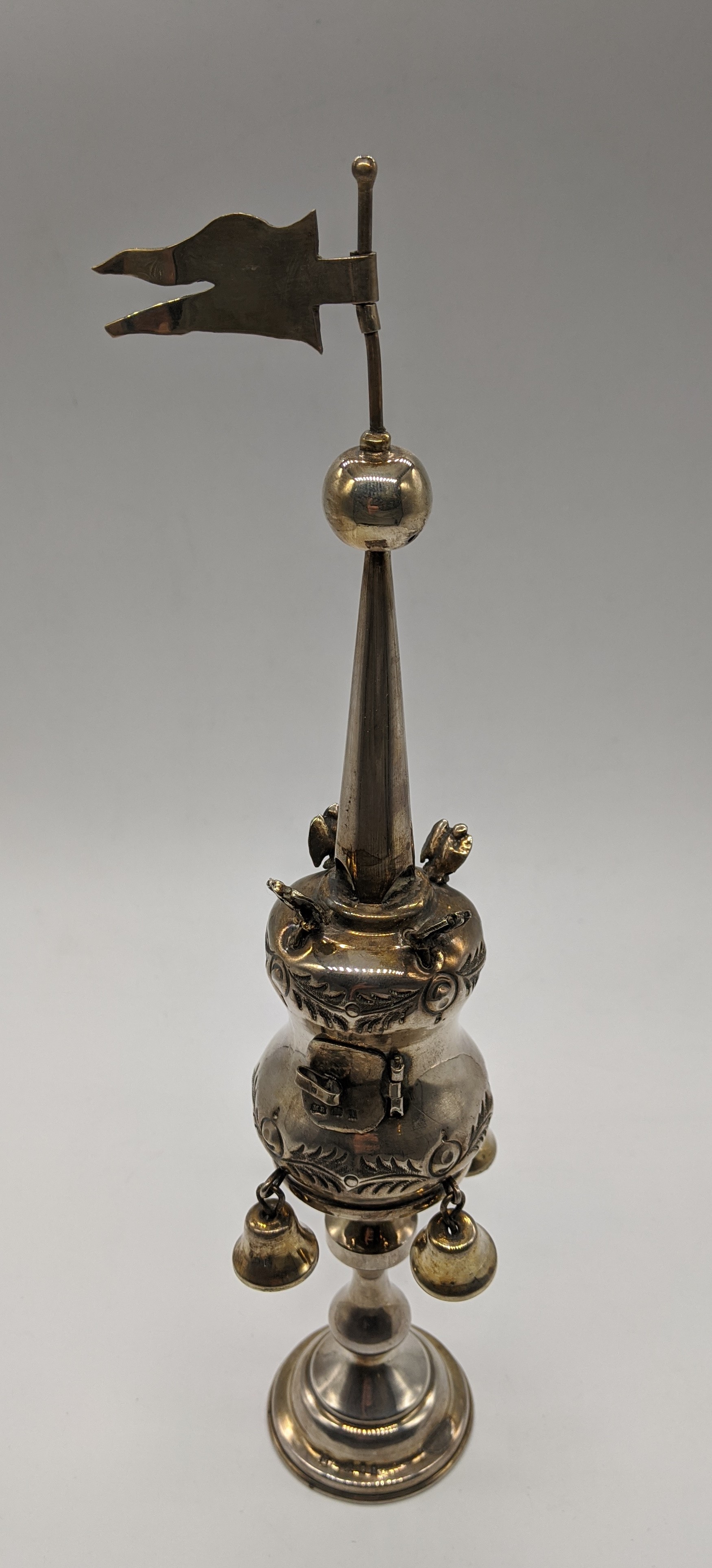 A silver Havdalah spice tower, hallmarked to bells, base and door, London 1906, maker Mosche