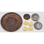 Four yellow metal Middle Eastern tokens, a Middle Eastern pendant, a white metal coin converted to a