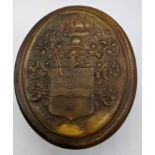 Attributed to John Obrisset, a Queen Anne oval shaped horn snuff box, impressed with the arms of Sir