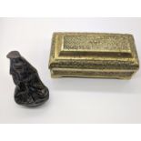 A Malaysian brass betel box L.18cm, and a bronze statue of Guanyin, the Goddess of Mercy, possibly