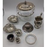 A collection of silver to include a glass biscuit jar, a pair of bonbon dishes, an ink well, two