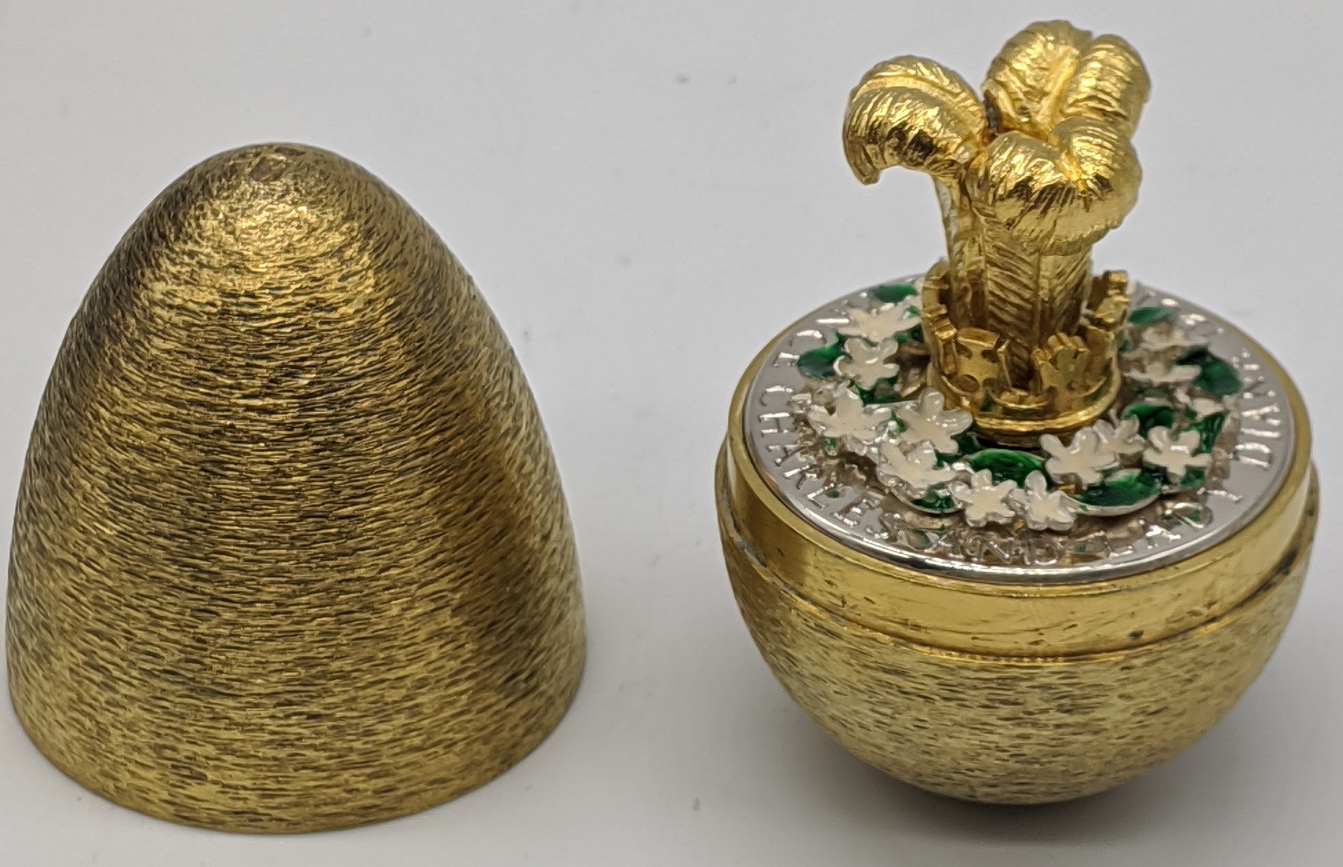 A Stuart Devlin Charles and Diana boxed silver gilt egg, No.103, hallmarked London 1981, original