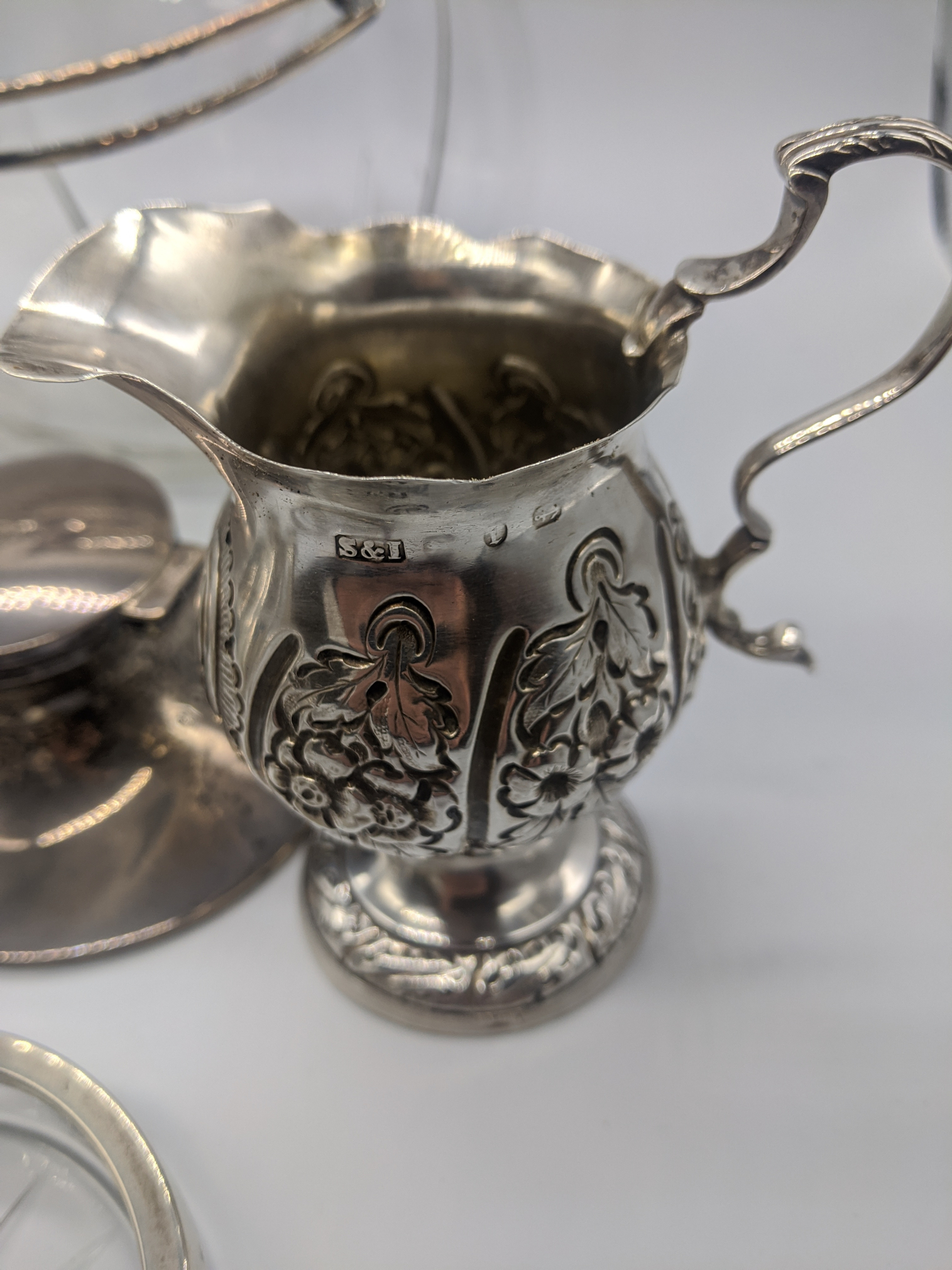 A collection of silver to include a glass biscuit jar, a pair of bonbon dishes, an ink well, two - Image 3 of 5