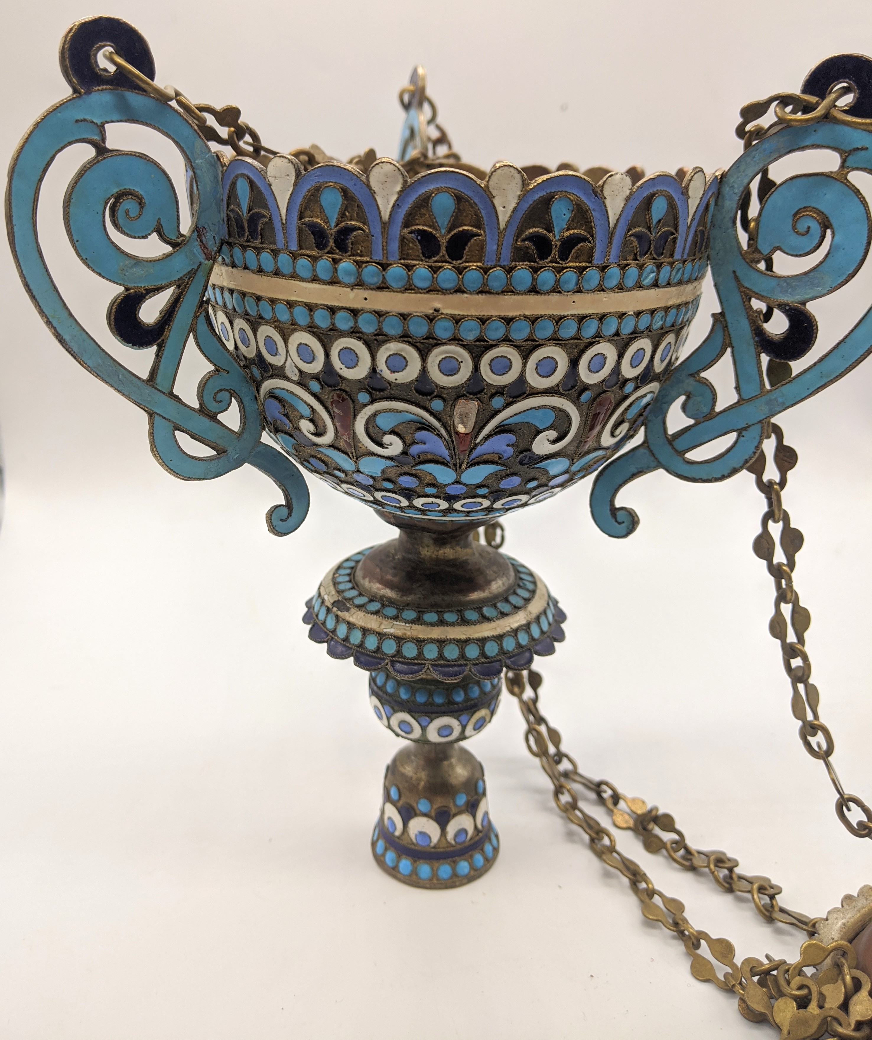 A late 19th/early 20th century Greek cloisonne enamelled oil lamp, H.60cm (fully extended) - Image 4 of 4